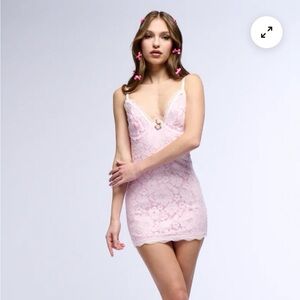 AKIRA Pink Lace Chemise with Spaghetti Straps and Plunging Neckline